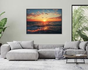 Ocean with birds at sunset