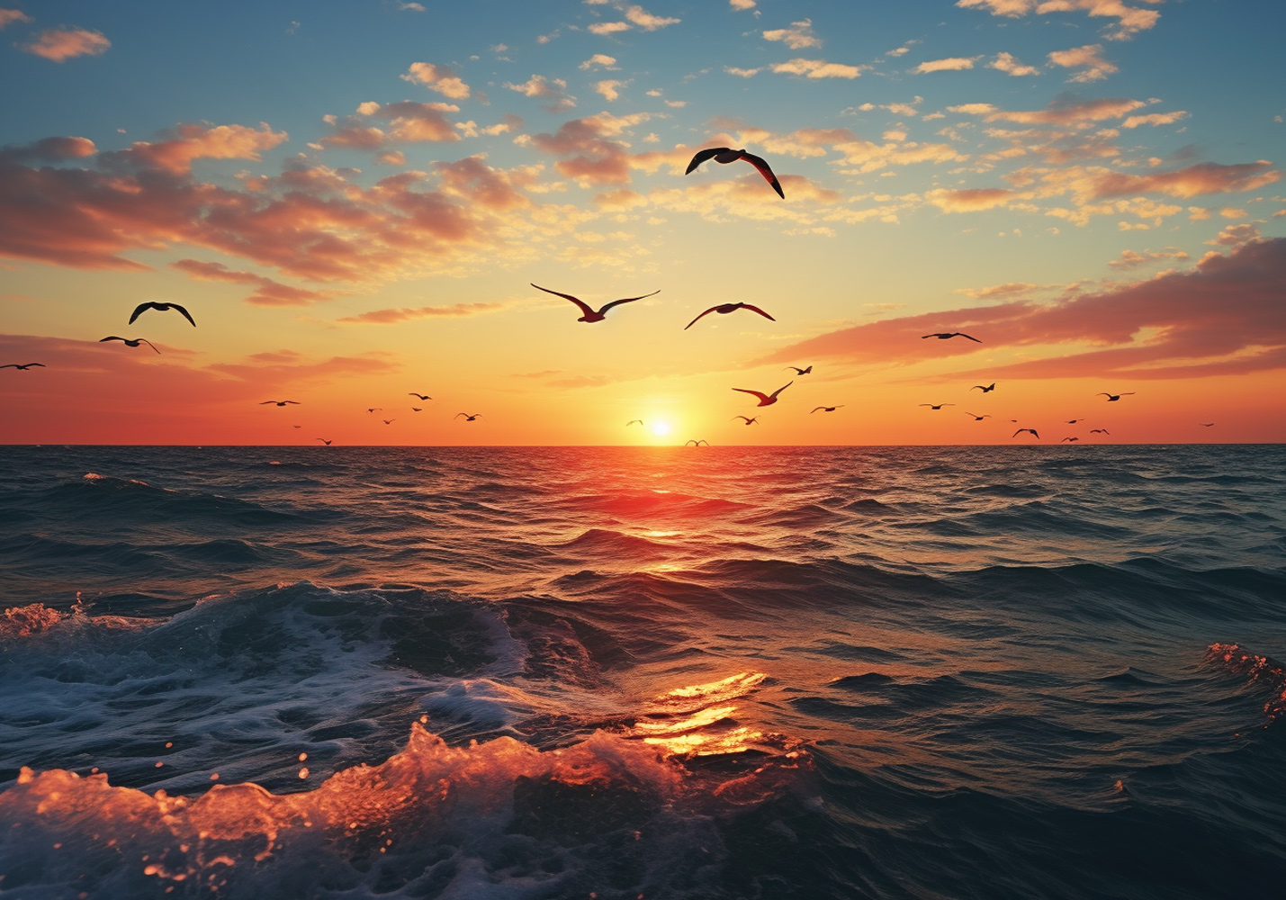 Ocean with birds at sunset