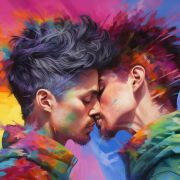 Two men kissing